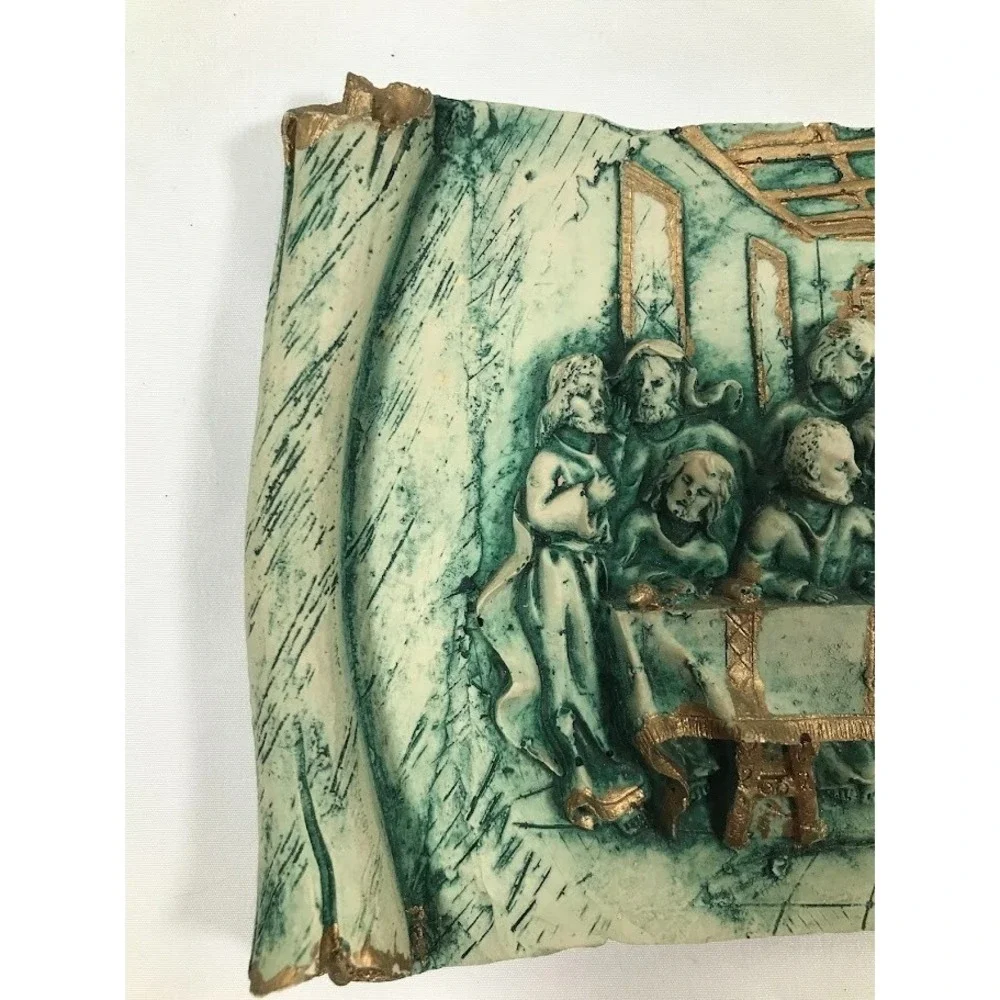 Vintage Last Supper 3D Relief Wall Plaque Scroll Design Teal Gold Religious Art
